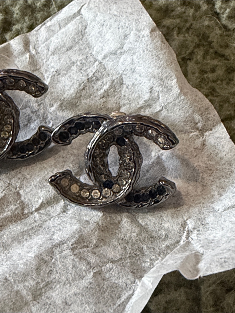 CHANEL Silver Crystal CC Logo Stud Earrings - Picture 2 of 5